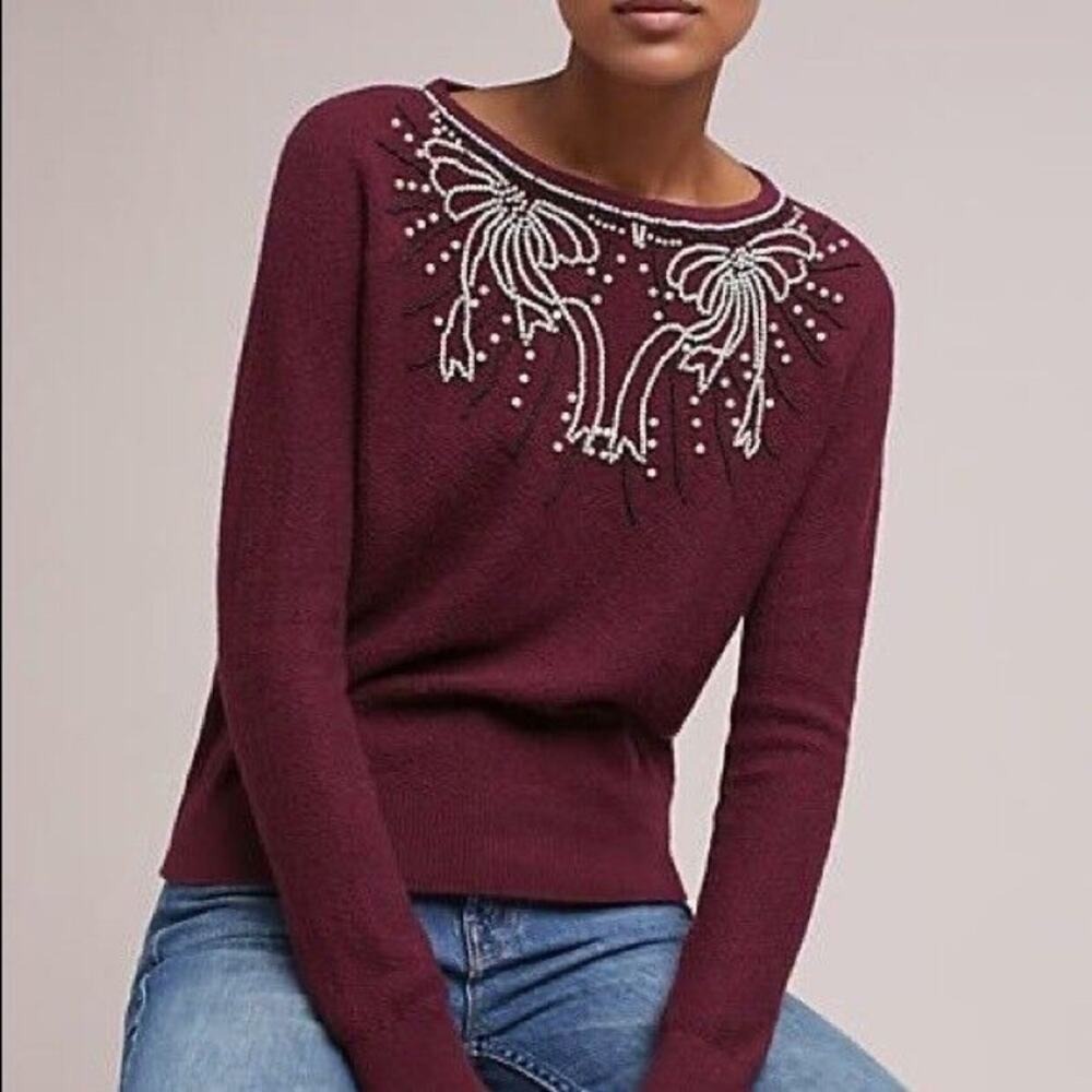 Anthropologie Pearled Pearl Bow Pullover Sweater by Field Flower